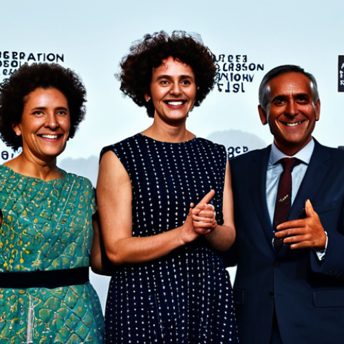 Home 8 Co-production Success**
"A dynamic scene at the Lisbon Film Festival showcasing filmmakers from Brazil and Portugal celebrating a co-produced film premiere, fully clothed, appropriate attire, safe for work, professional setting, perfect anatomy, natural proportions, cinematic lighting, high quality, a joyful atmosphere, showing cultural collaboration, modern dress, well-formed hands, proper finger count, natural body proportions, modest attire, family-friendly."
**