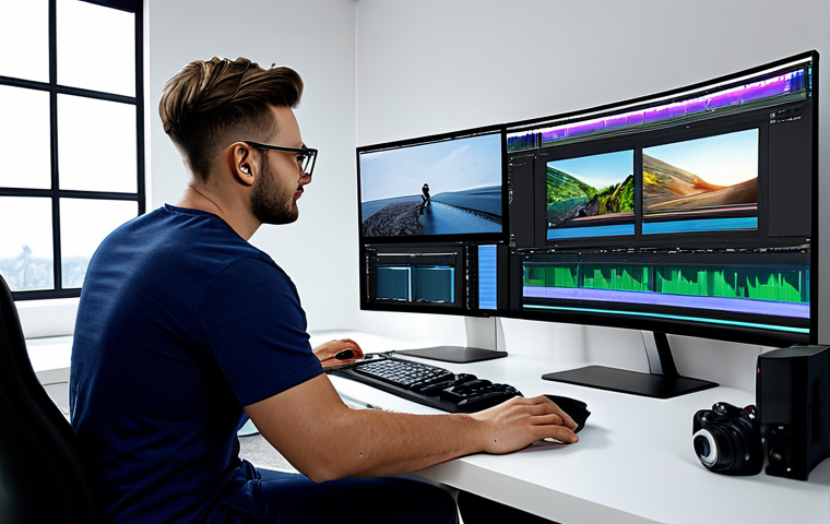 영화 제작용 소프트웨어 추천 - Professional Video Editing**

"A focused video editor working on a complex timeline in Adobe Premier...