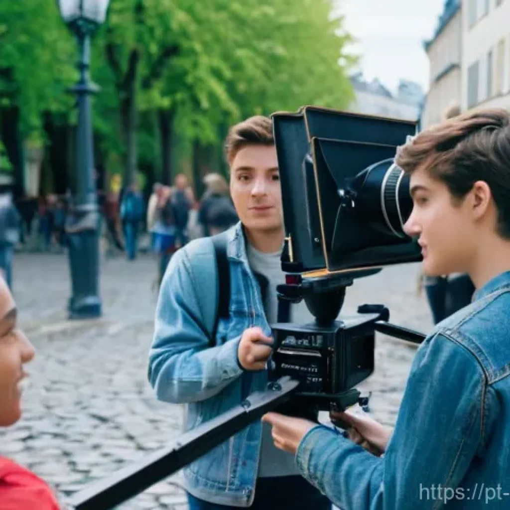 영화 제작 해외 연수 프로그램 - **Prompt:** A diverse group of young film students, both male and female, actively collaborating on ...