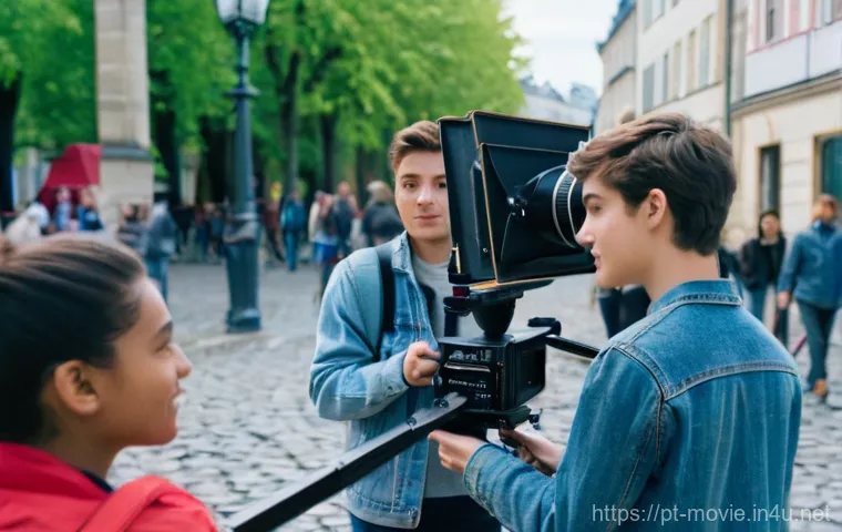 영화 제작 해외 연수 프로그램 - **Prompt:** A diverse group of young film students, both male and female, actively collaborating on ...