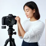 촬영 현장 장비 점검 체크리스트 - **Prompt 1: The Meticulous Visual Check-Up**
    "A professional female content creator in her late ...