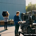 영화 제작사의 이직 성공 사례 - **A New Era of Cinematic Production:** A vibrant, futuristic film studio control room with large, cu...