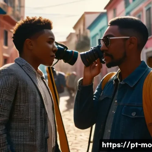 촬영감독의 역할과 자질 - A cinematic film set at golden hour, showcasing an experienced director of photography adjusting sof...