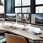 영화 제작사에서 배울 수 있는 기술 - A modern digital marketing workspace showcasing a creative team collaborating on visual storytelling...