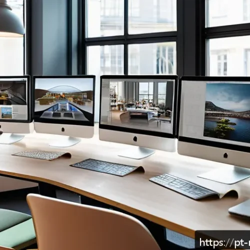 영화 제작사에서 배울 수 있는 기술 - A modern digital marketing workspace showcasing a creative team collaborating on visual storytelling...