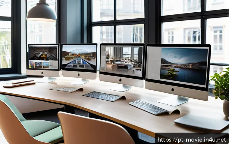 영화 제작사에서 배울 수 있는 기술 - A modern digital marketing workspace showcasing a creative team collaborating on visual storytelling...