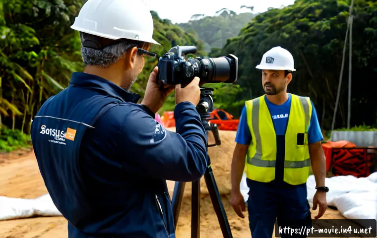촬영 현장의 안전 체크리스트 - Photorealistic Brazilian film set safety inspection at sunrise, safety coordinator in high-visibilit...