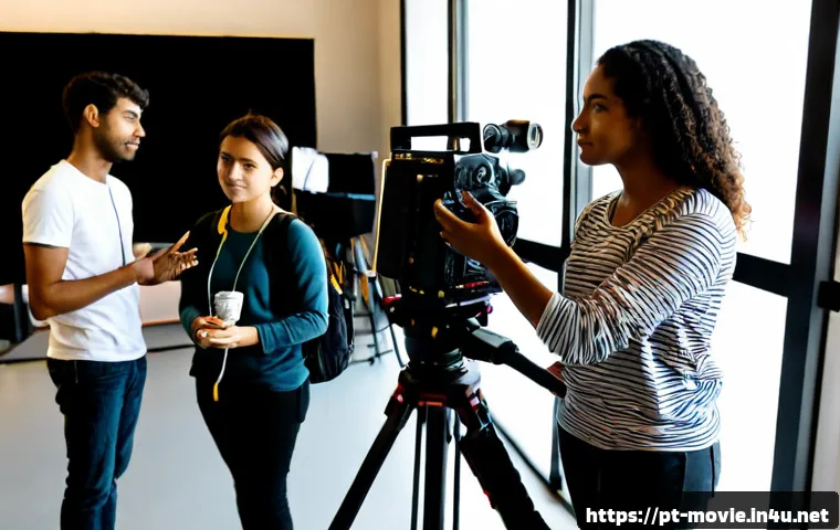 영화 제작 필수 중점 과목 - Photorealistic film school workshop in São Paulo, Brazil, diverse young adult students learning cine...