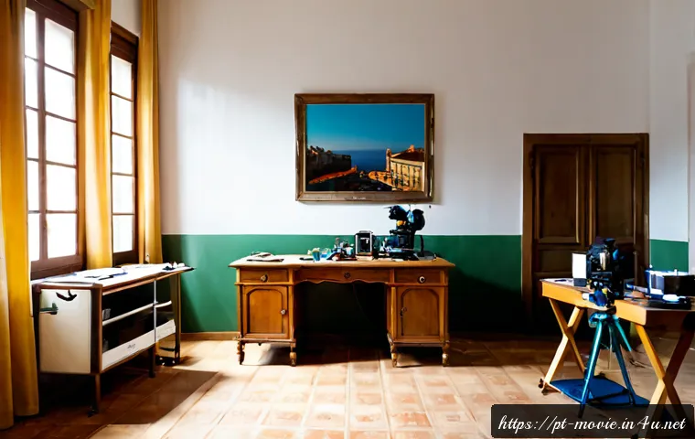 Home 30 영화 촬영장의 미술 세팅 과정 - Photorealistic behind-the-scenes film production set in a Lisbon apartment, art department crew care...